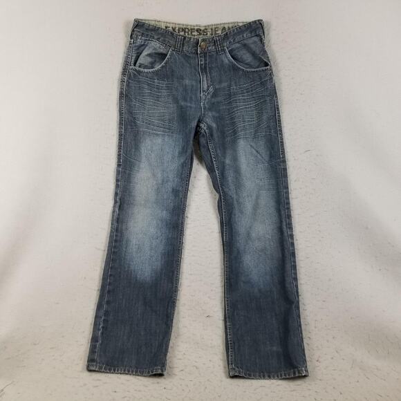 Express Kingston Jeans Mens 34x32 Blue Bootcut Classic Fit Whiskered Lion Denim - Picture 1 of 15